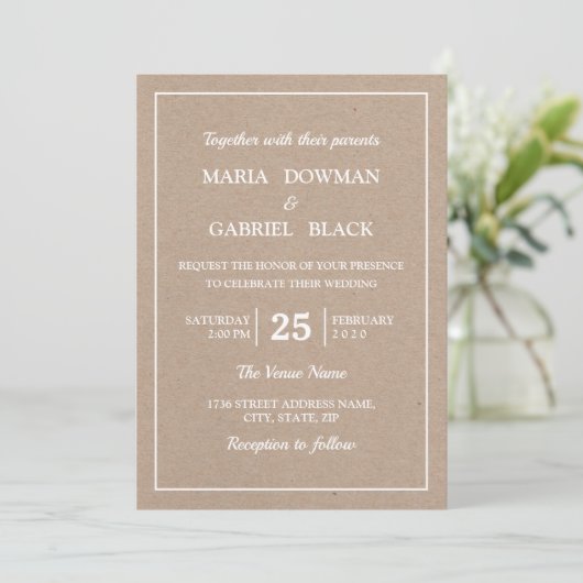 Invitation Mariage de typographie simple Kraft moderne (Debout devant)
