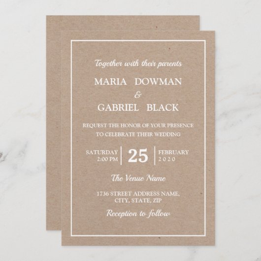 Invitation Mariage de typographie simple Kraft moderne (Devant / Derrière)
