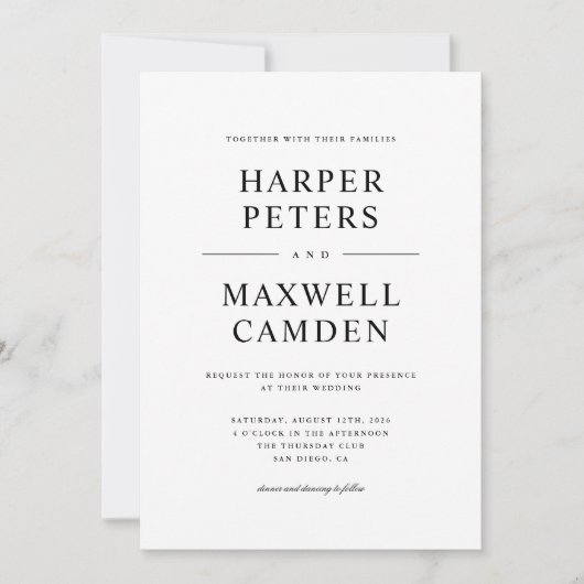 Invitation Mariage de typographie simple noir et blanc (Devant)