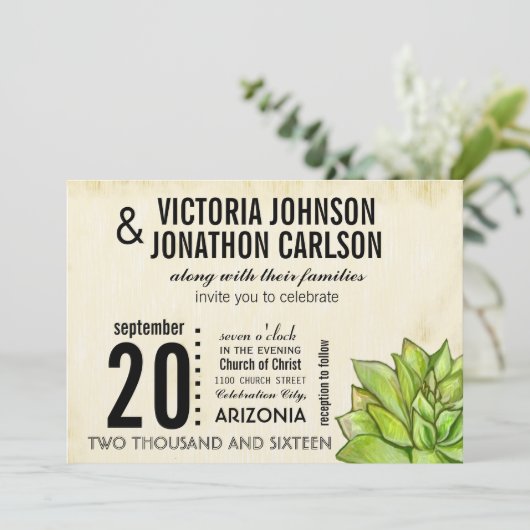 Invitation Mariage de typographie Succulente à la chaux jaune (Debout devant)