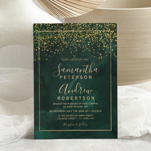 Invitation Mariage de typographie verte confetti en or chic