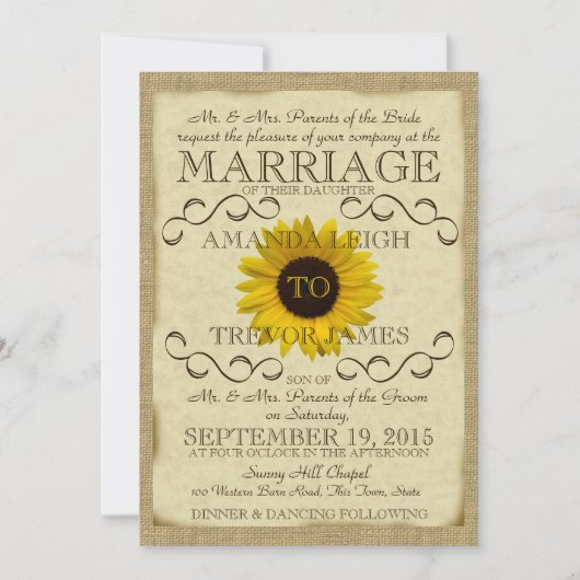 Invitation Mariage de typographie Vintage tournesol (Devant)