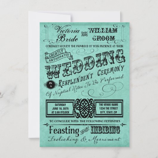 Invitation Mariage de typographie Vintage turquoise (Devant)