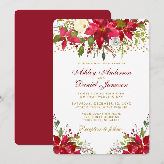 Invitation Mariage de vacances Poinsettia Floral Red Gold Par (Devant / Derrière)