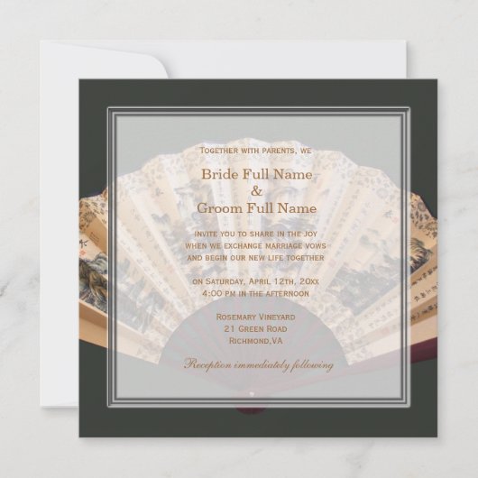 Invitation Mariage de ventilateur chinois en bambou et soie (Devant)
