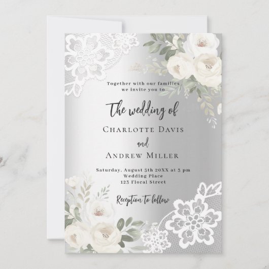 Invitation Mariage de verdure aux roses blanches argentées (Devant)