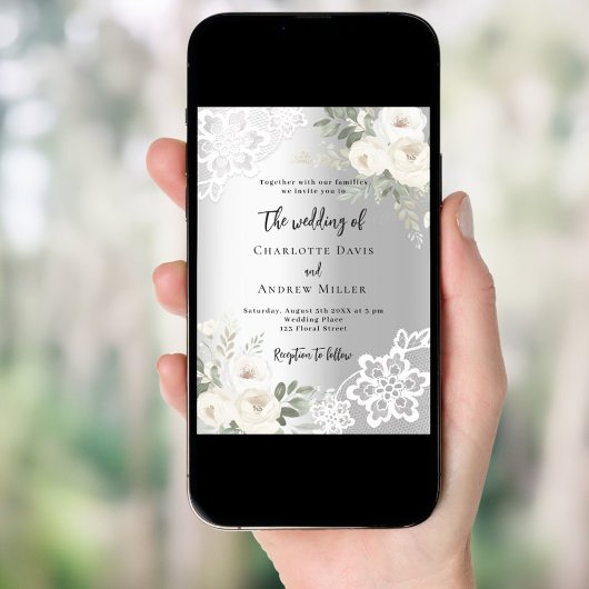 Invitation Mariage de verdure aux roses blanches argentées