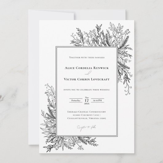 Invitation Mariage de verdure blanc et noir (Devant)