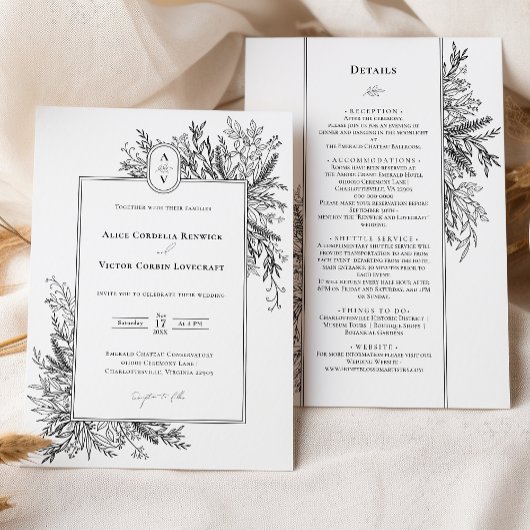 Invitation Mariage de verdure blanche et noire Détails du mon