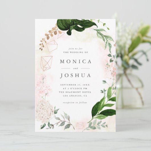 Invitation Mariage de verdure botanique moderne Blush & Green (Debout devant)