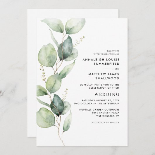 Invitation Mariage de verdure botanique moderne Eucalyptus (Devant / Derrière)
