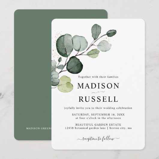 Invitation Mariage de verdure de projection d'or d'eucalyptus (Devant / Derrière)
