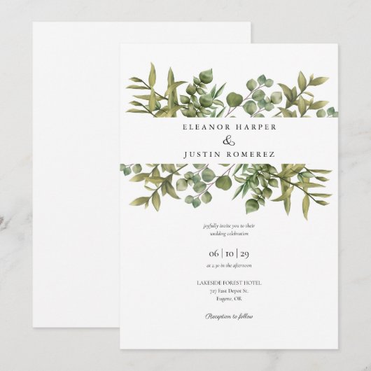 Invitation Mariage de verdure d'eucalyptus boisé (Devant / Derrière)