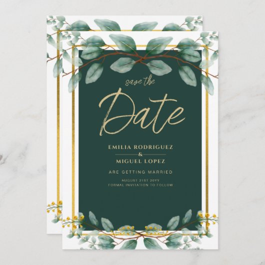 Invitation Mariage de verdure Économisez Date Vert Or Moderne (Devant / Derrière)