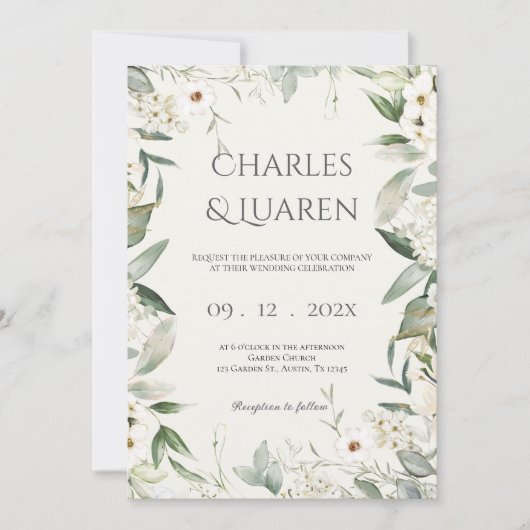 Invitation Mariage de verdure et fleurs blanches (Devant)