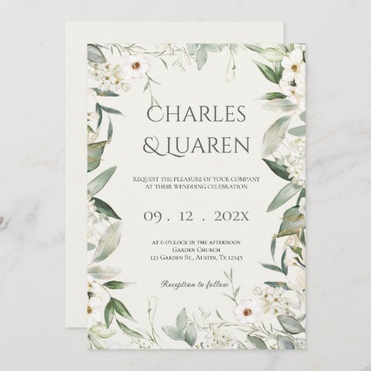Invitation Mariage de verdure et fleurs blanches (Devant / Derrière)