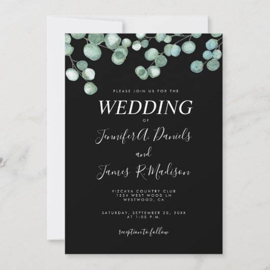Invitation Mariage de verdure Eucalyptus Botanique Noire (Devant)