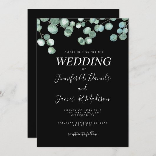 Invitation Mariage de verdure Eucalyptus Botanique Noire (Devant / Derrière)