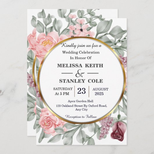 Invitation Mariage de verdure fleurie à cadre rose et or rust (Devant / Derrière)