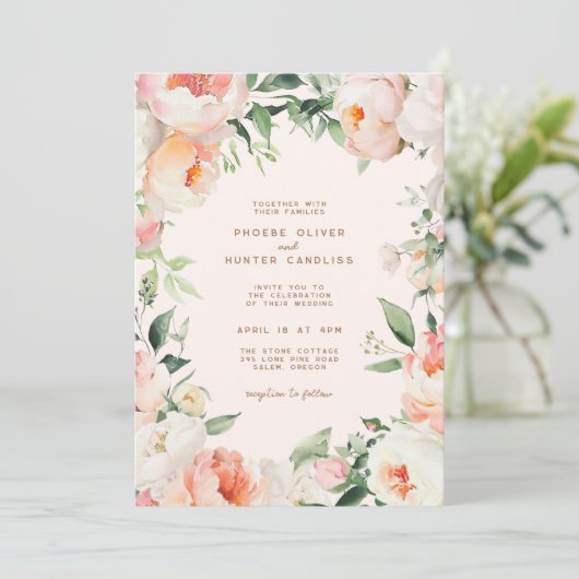 Invitation Mariage de verdure fleurie à la crème rose pâle (Debout devant)