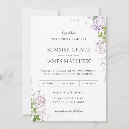 Invitation Mariage de verdure fleurie violet Lilac douce (Devant)