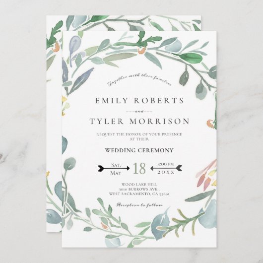 Invitation Mariage de verdure florale Eucalyptus (Devant / Derrière)