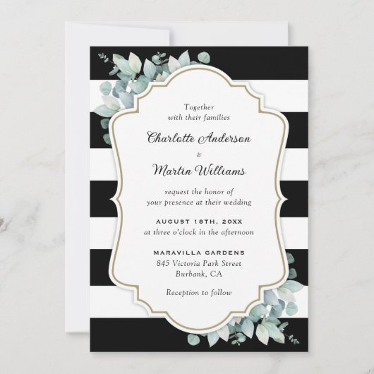 Invitation Mariage de verdure moderne noir et blanc Eucalyptu (Devant)