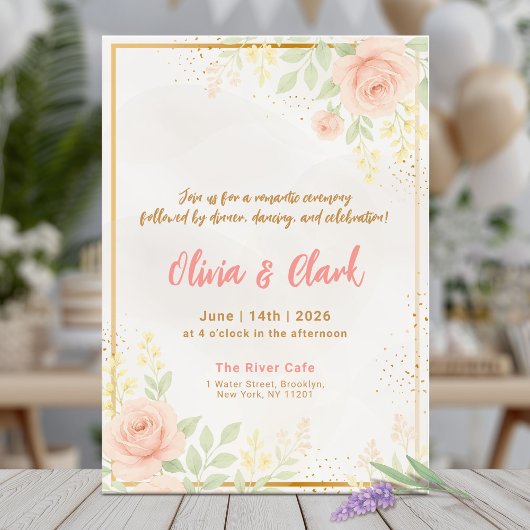 Invitation Mariage de verdure rose fleurie aux accents or