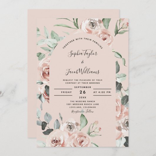 Invitation Mariage de verdure rose pâle (Devant / Derrière)