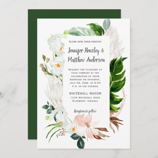 Invitation Mariage de verdure tropicale blanc pâle (Devant / Derrière)