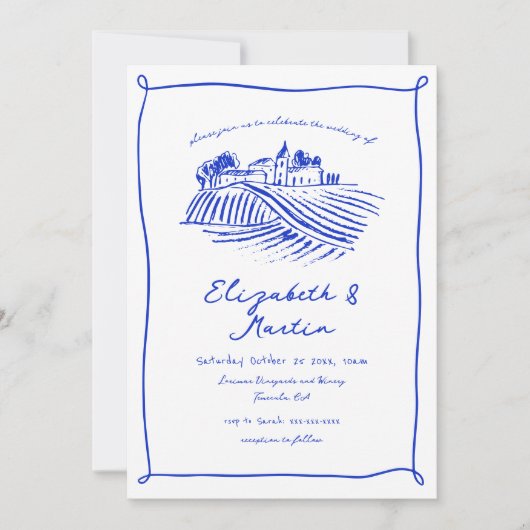 Invitation Mariage de vignoble Blue Trendy à la main (Devant)