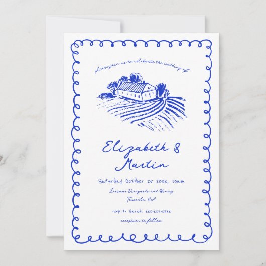 Invitation Mariage de vignoble funky dessiné à la main bleu f (Devant)