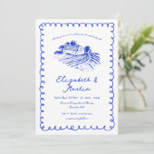 Invitation Mariage de vignoble funky dessiné à la main bleu f (Debout devant)