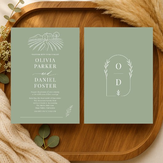 Invitation Mariage de vignoble rustique Art linéaire Vert sau