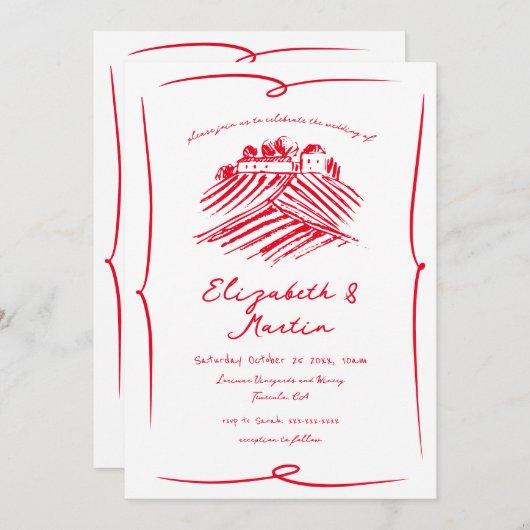 Invitation Mariage de vin rouge à main fanée (Devant / Derrière)