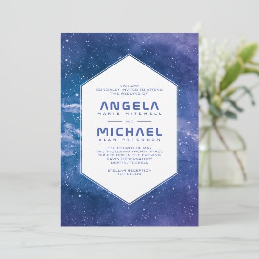 Invitation Mariage de violet cosmique Stardust (Debout devant)
