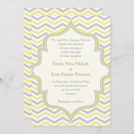 Invitation Mariage de zigzag de chevron gris jaune moderne (Devant / Derrière)