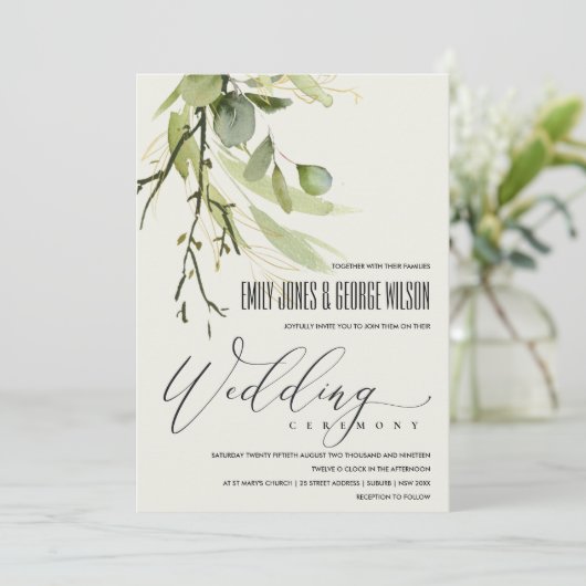 Invitation Mariage D'EAU COULEUR D'OR VERT FOLIAGE EN FELEFER (Debout devant)