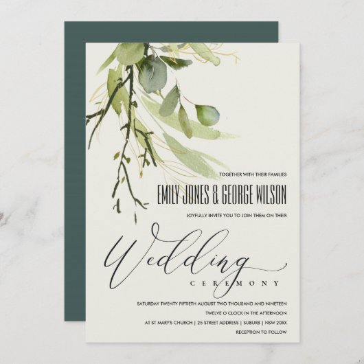 Invitation Mariage D'EAU COULEUR D'OR VERT FOLIAGE EN FELEFER (Devant / Derrière)