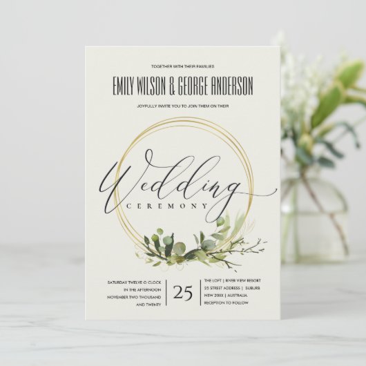 Invitation Mariage D'EAU COULEUR D'OR VERT FOLIAGE EN FELEFER (Debout devant)