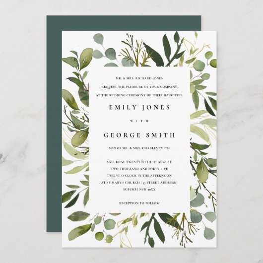 INVITATION MARIAGE D'EAU EN COULEUR D'EAU EN FEUILLE BLANCHE (Devant / Derrière)