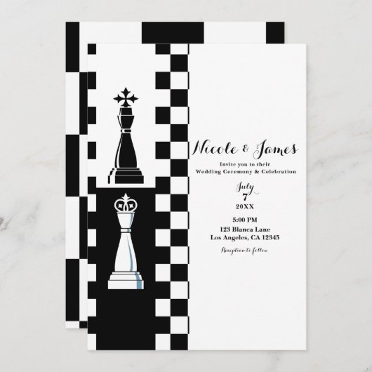Invitation Mariage d'échecs de la reine noire et blanche (Devant / Derrière)