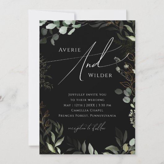 Invitation Mariage Décontracté de couronnes noires et or vert (Devant)
