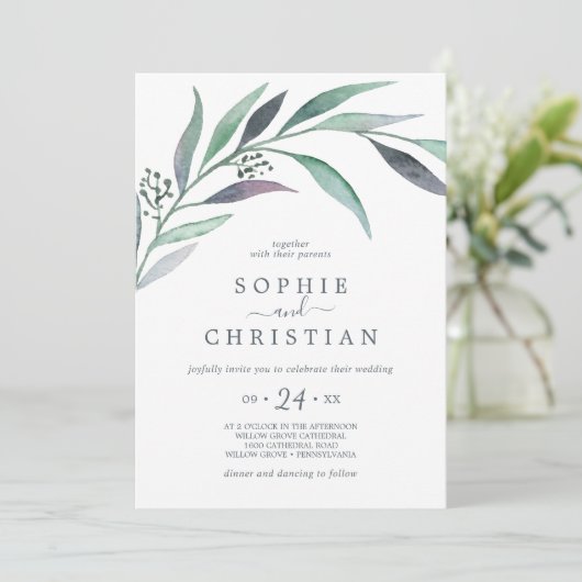 Invitation Mariage Décontracté d'Eucalyptus pourpre et vert (Debout devant)