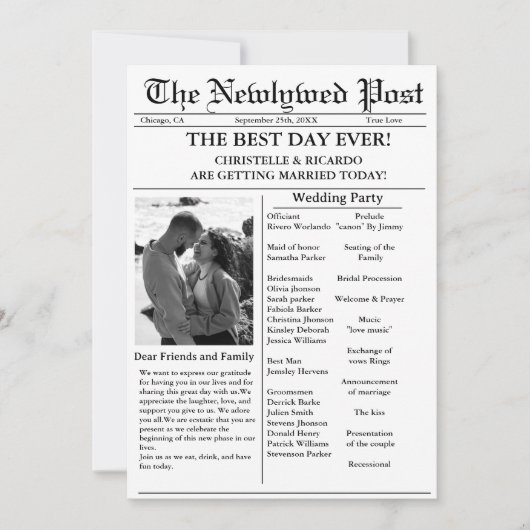 Invitation mariage décontracté du journal de script enregistr (Devant)