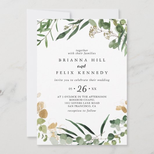 Invitation Mariage Décontracté Tropical Gold Green Foliage (Devant)