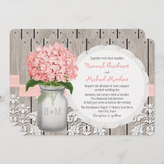 Invitation Mariage décoré d'un monogramme d'hortensia de rose (Devant / Derrière)