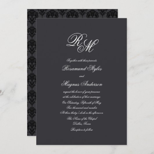 Invitation Mariage décoré d'un monogramme noir de la damassé (Devant / Derrière)