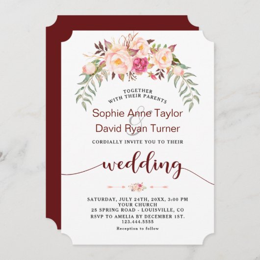 Invitation Mariage d'écriture de fleurs de Burgundy Automne (Devant / Derrière)