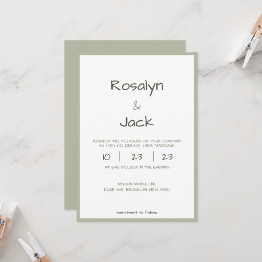 Invitation Mariage d'écriture Décontracté vert poussiéreux mi (Devant/Arrière en situation)